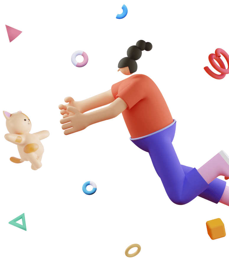 Girl reaching cat with open arms. Both flying.